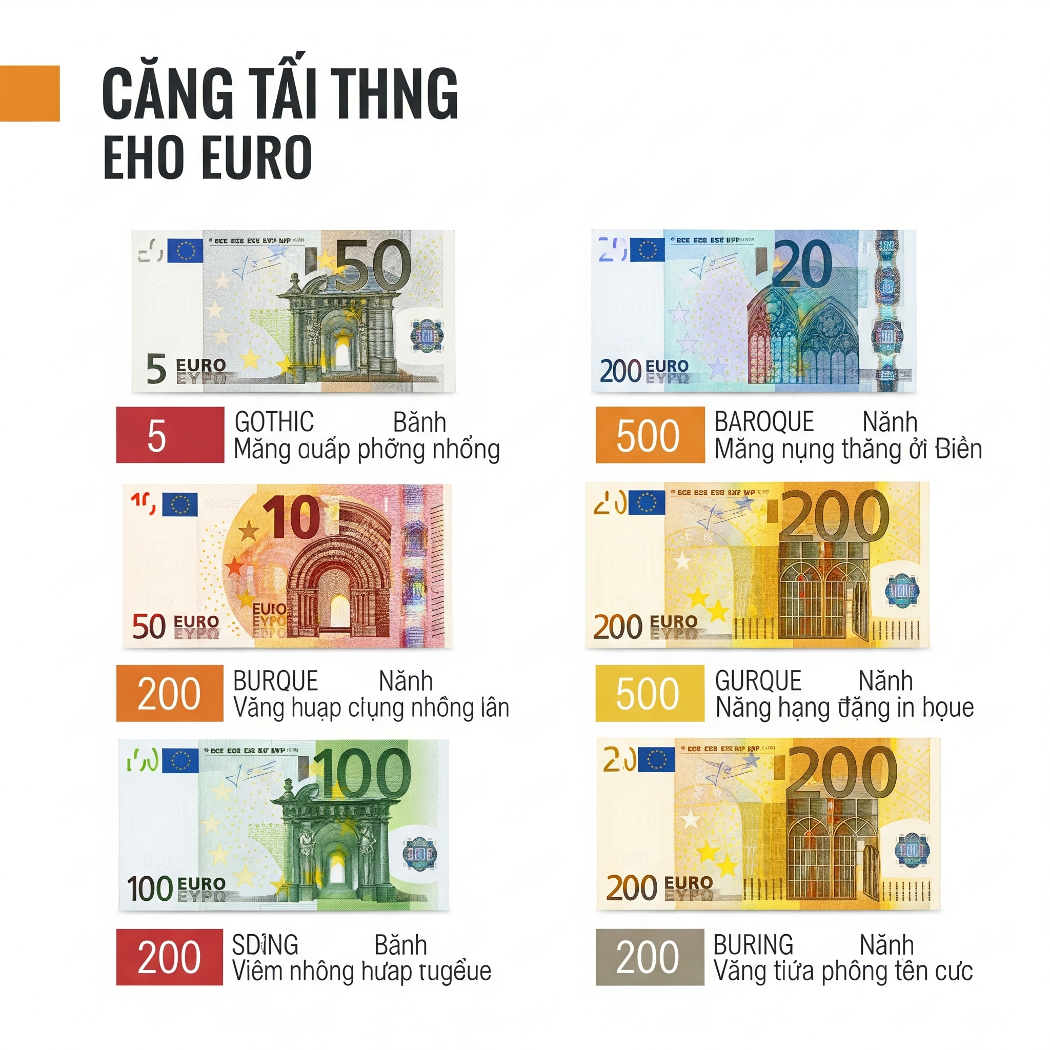 Mệnh giá tiền giấy Euro Đức 2025 - từ 5 Euro màu xám đến 200 Euro màu nâu với thiết kế kiến ​​trúc lịch sử châu Âu.