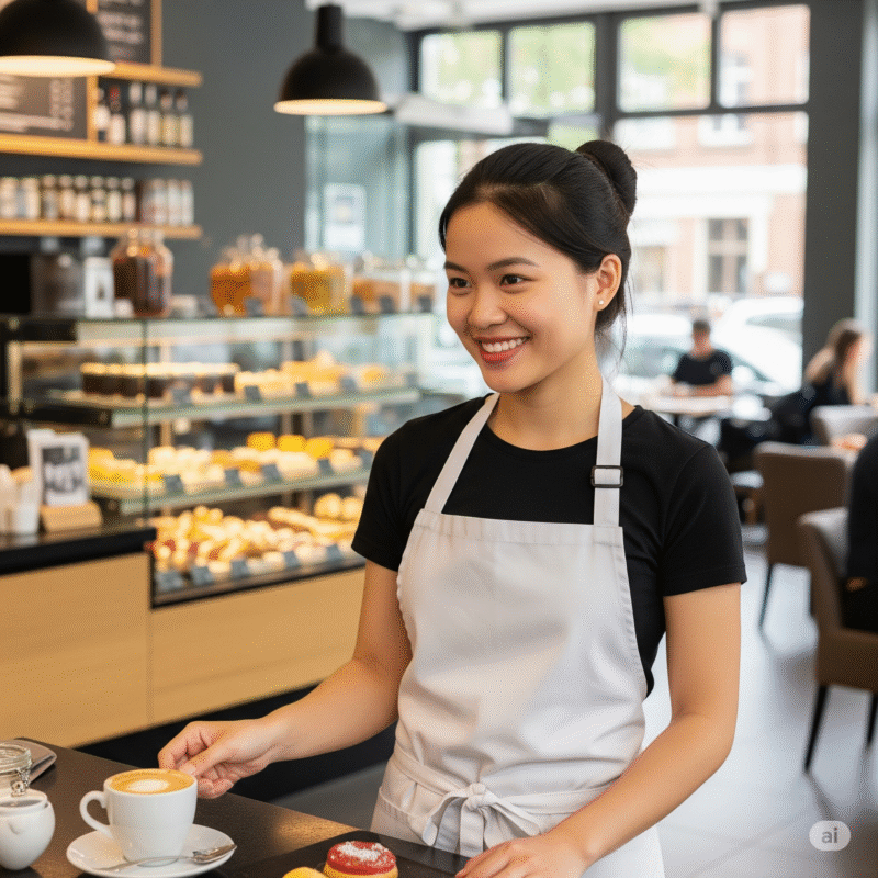 Du Học Đức Có Được Làm Thêm Không? Lương Bao Nhiêu Và Công Việc Nào Phù Hợp? 2 Sinh viên Việt Nam làm thêm bán thời gian tại một quán cà phê ở Đức, thể hiện việc làm thêm hợp pháp