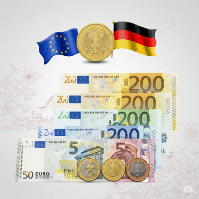 Tiền Đức 2025 - Bộ tiền giấy và xu Euro đầy đủ các mệnh giá từ 5 đến 200 Euro với thiết kế kiến ​​trúc châu Âu.