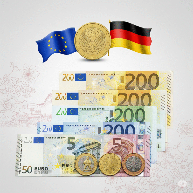 Tiền Đức 2025 - Bộ tiền giấy và xu Euro đầy đủ các mệnh giá từ 5 đến 200 Euro với thiết kế kiến ​​trúc châu Âu.