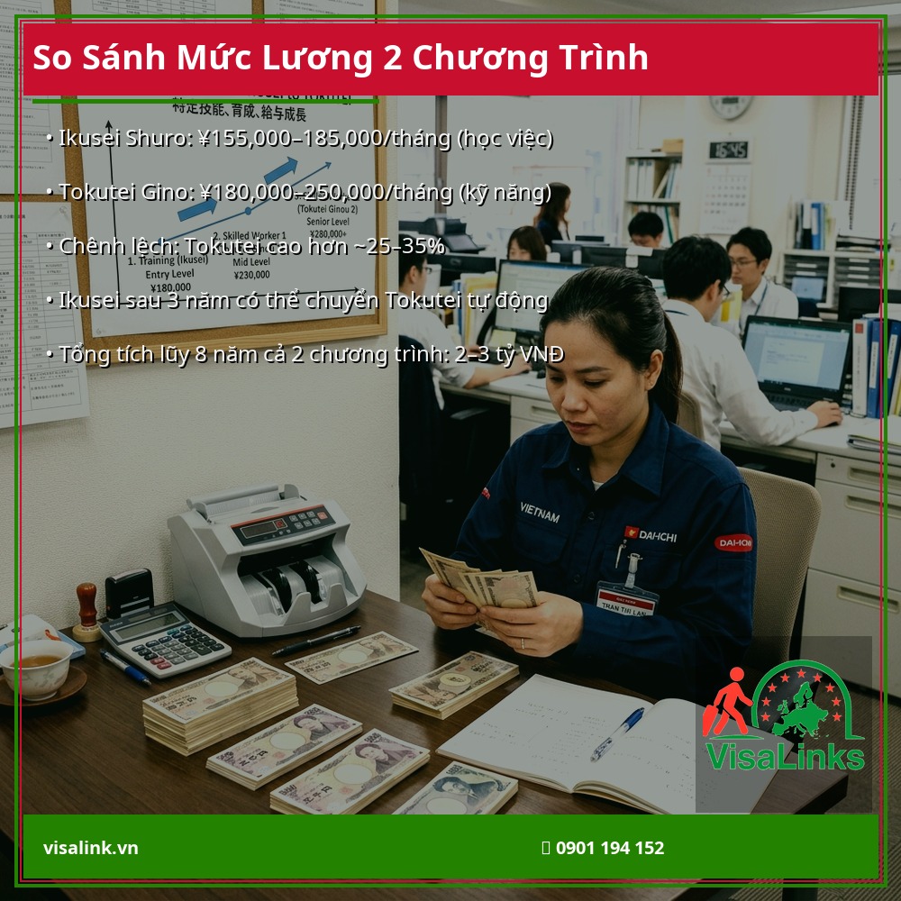 Bảng so sánh mức lương Ikusei Shuro và Tokutei Gino Nhật Bản 2026 – Visalink