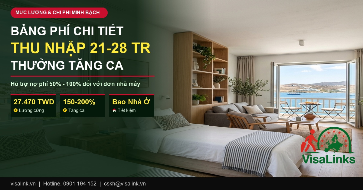 Bảng chi phí và mức lương ròng xuất khẩu lao động Đài Loan 2026 - Visalink
