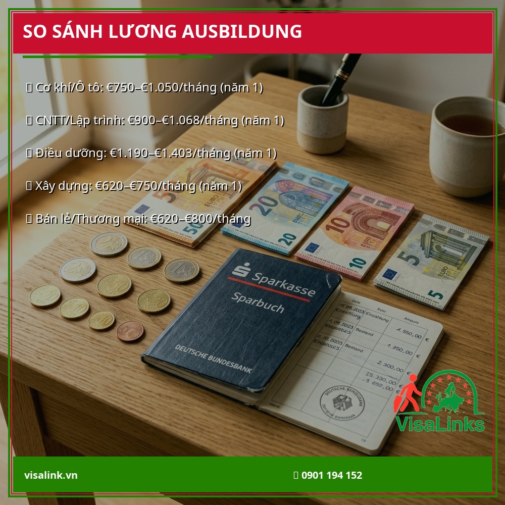 So Sánh Lương Ausbildung Đức 2026 Theo Ngành – Ngành Nào Cao Nhất? – Visalink So sánh lương Ausbildung các ngành Đức 2026 - Visalink