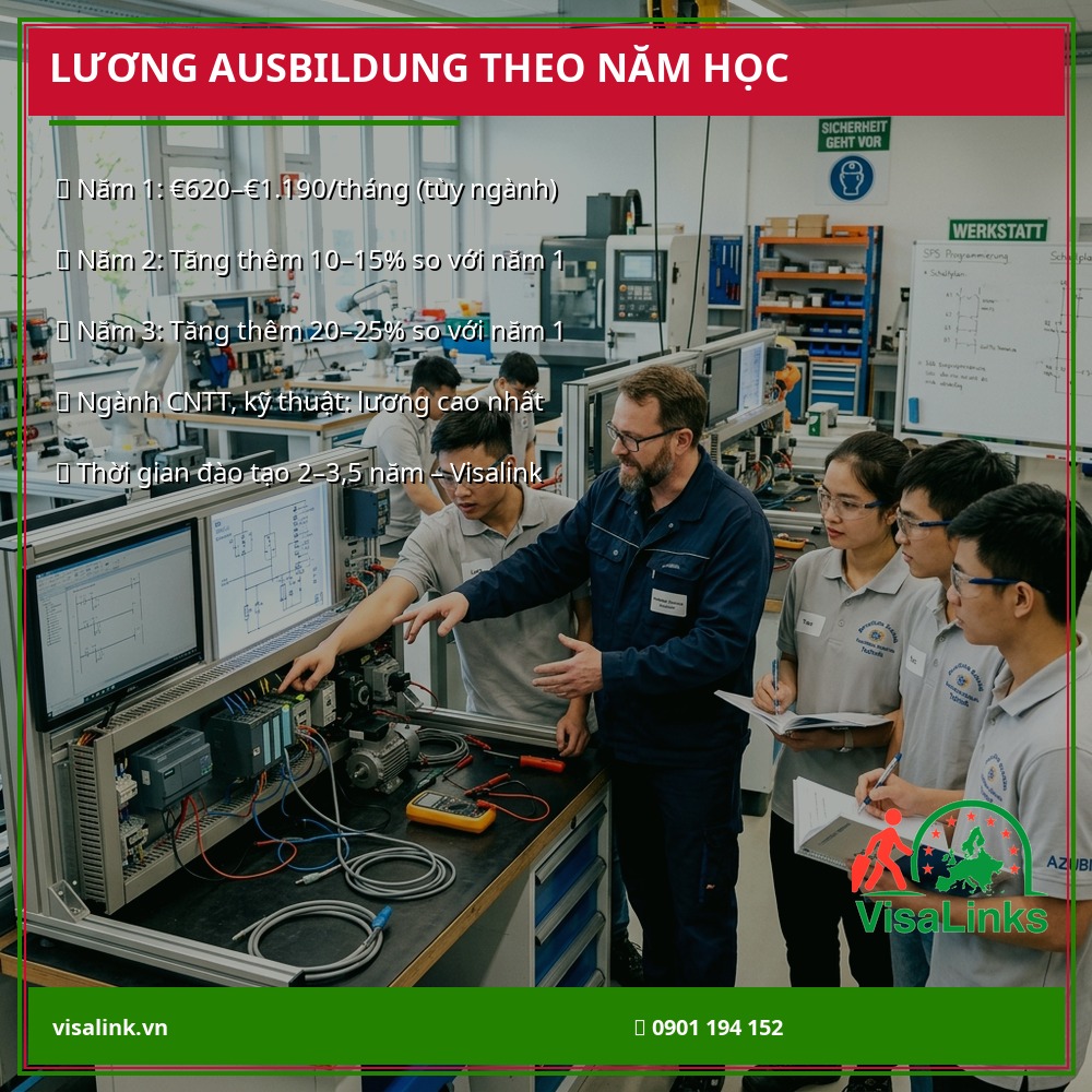 Lương Ausbildung Đức 2026 Theo Năm Học – Tăng Dần Theo Tiến Độ – Visalink Bảng lương Ausbildung Đức theo từng năm học 2026 - Visalink