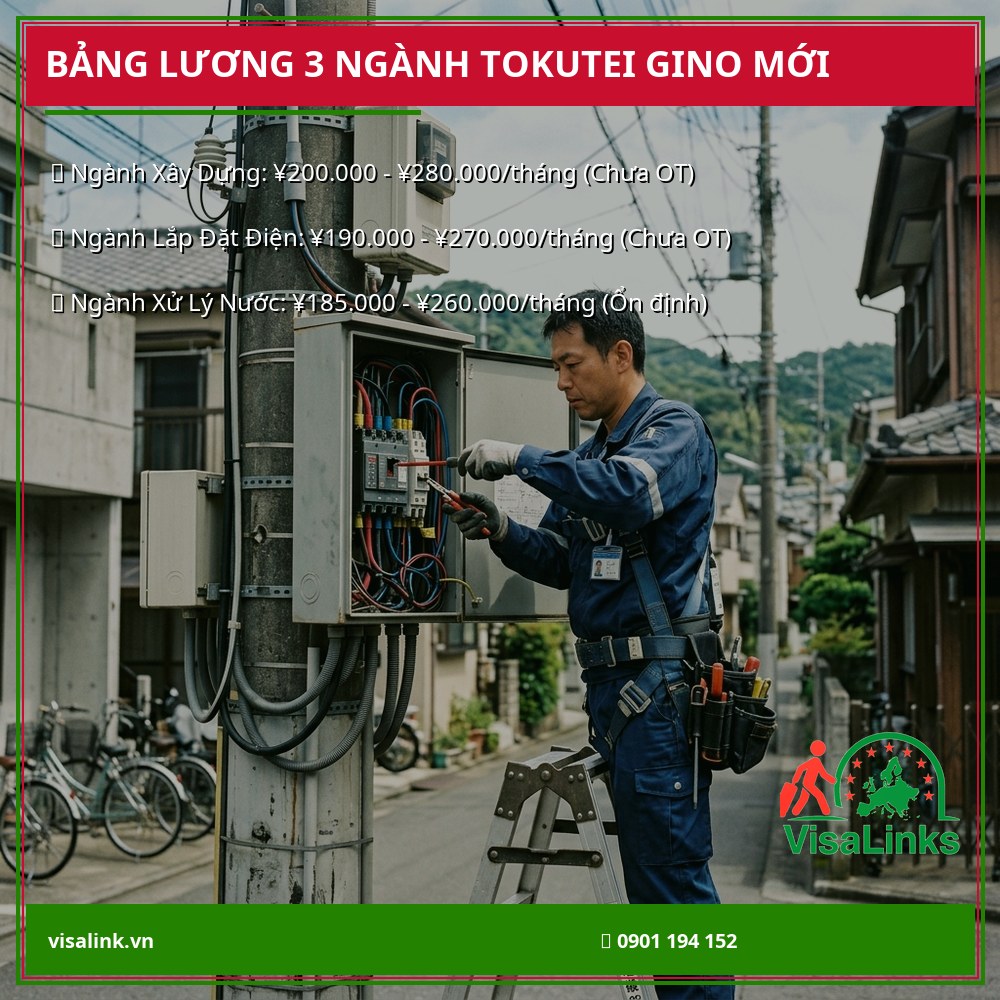 Bảng lương 3 ngành mới Tokutei Gino 2026 – Xây dựng, Điện, Nước Nhật Bản