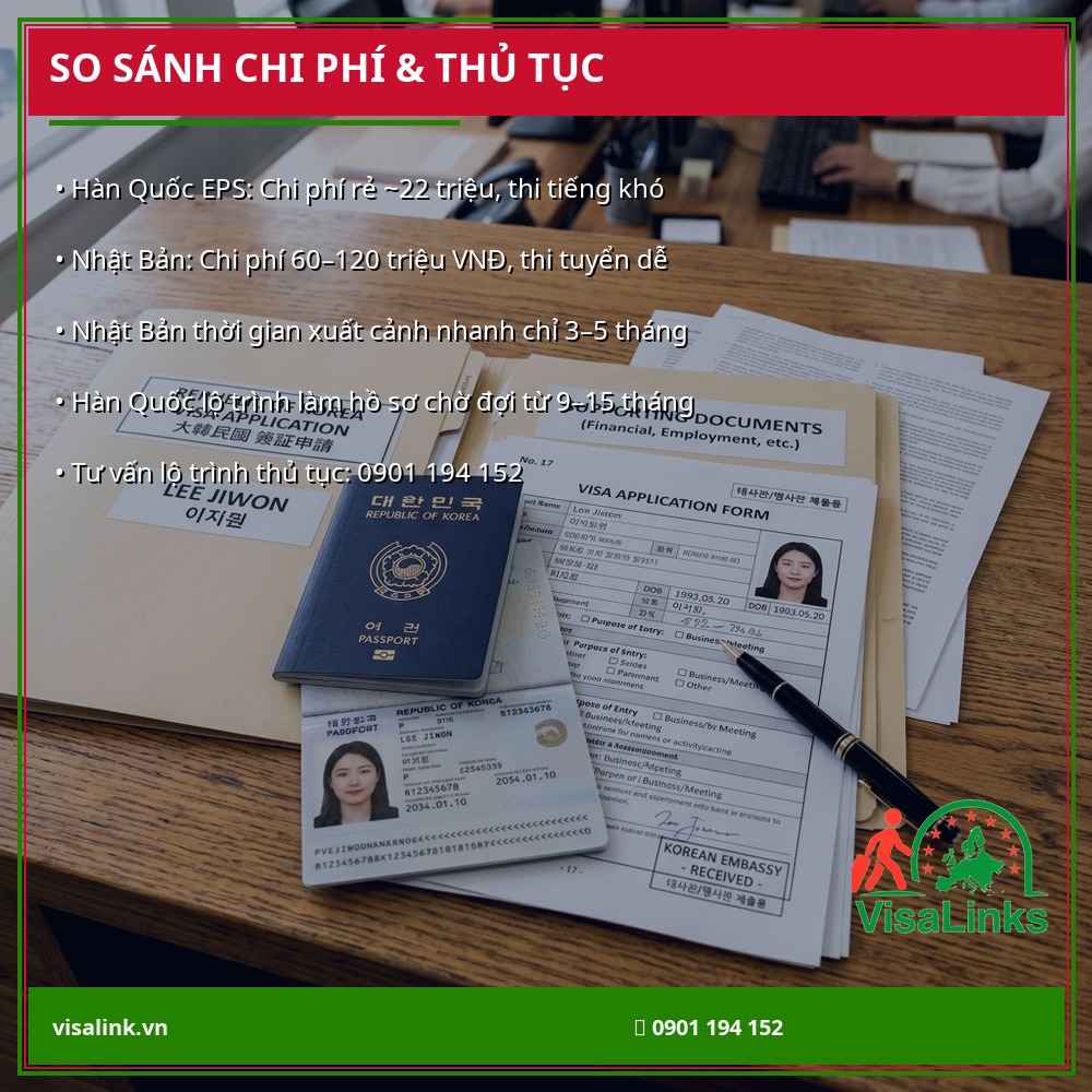 So Sánh XKLĐ Hàn Quốc vs Nhật Bản 2026: Nên Chọn Nước Nào? 3 So sánh chi phí xuất cảnh và thủ tục hồ sơ visa - Visalink