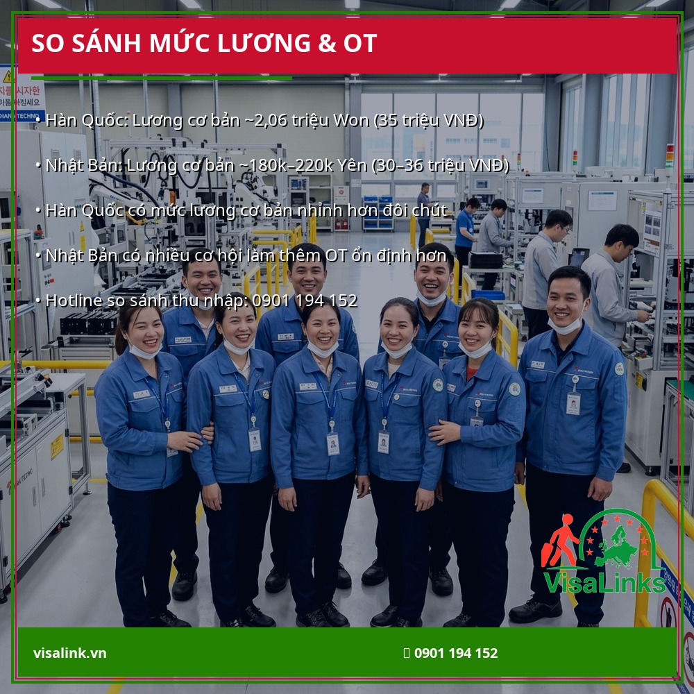 So Sánh XKLĐ Hàn Quốc vs Nhật Bản 2026: Nên Chọn Nước Nào? 2 So sánh mức lương thực tế tại Hàn Quốc và Nhật Bản - Visalink