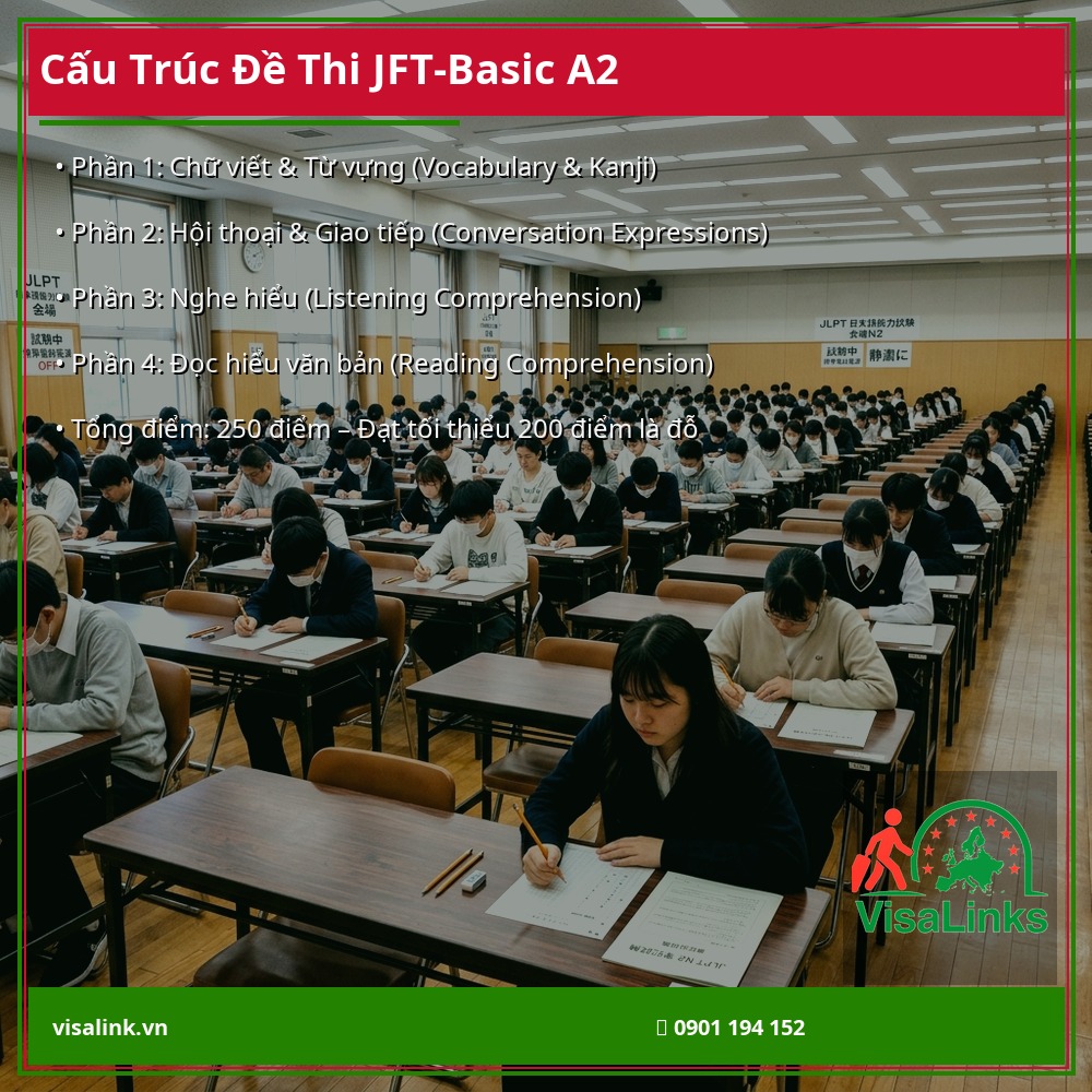 Cấu trúc đề thi JFT-Basic A2 tiếng Nhật năm 2026 – Visalink