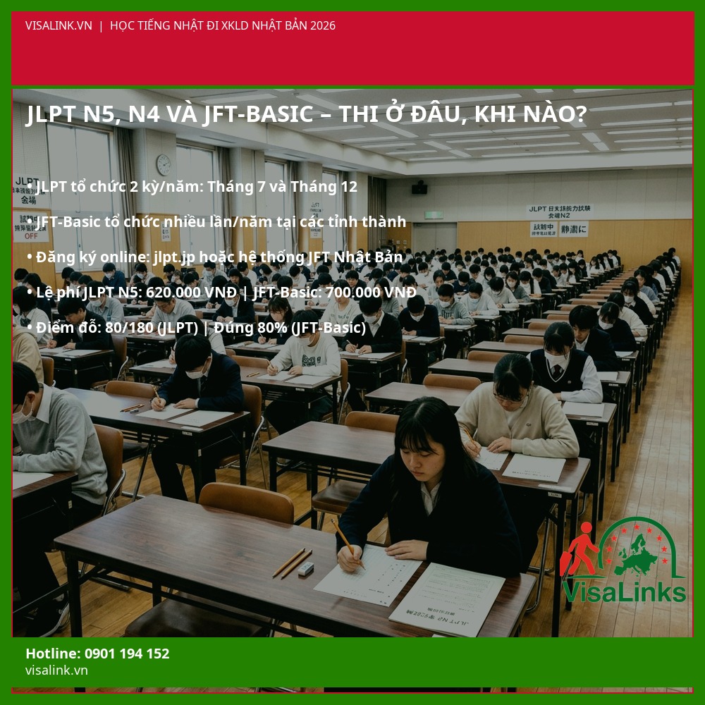 Lịch Thi JLPT N4 N5 Và JFT-Basic A1 A2 Cho XKLD Nhật Bản 2026 – Visalink Kỳ thi JLPT N4 N5 và JFT-Basic A2 A1 cho lao động XKLD Nhật Bản 2026 – Lịch thi và đăng ký – Visalink