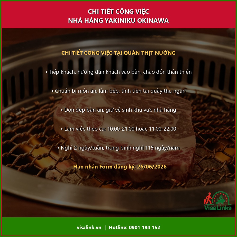 Đơn Hàng Nhà Hàng Yakiniku Okinawa (Mã: KN6234) – Lương Cơ Bản 26 Man, Có KTX Riêng 2 Mô tả công việc tại nhà hàng Yakiniku Okinawa - Đơn hàng KN6234 - Visalink