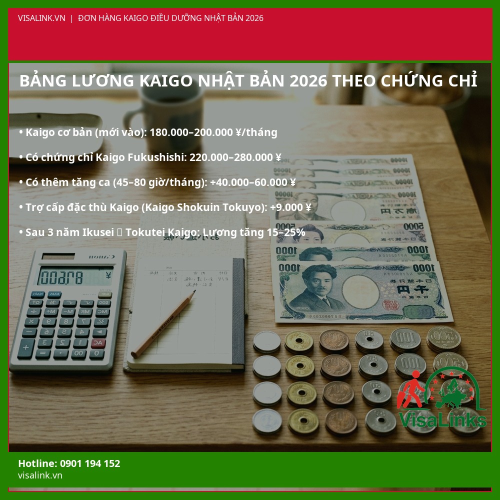 Bảng lương Kaigo điều dưỡng Nhật Bản 2026 theo chứng chỉ và kinh nghiệm – Ikusei Shuro và Tokutei Gino – Visalink