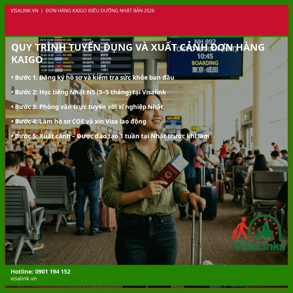 Quy trình tuyển dụng và xuất cảnh đơn hàng Kaigo Nhật Bản 2026 – 5 bước từ đăng ký đến lên đường – Visalink