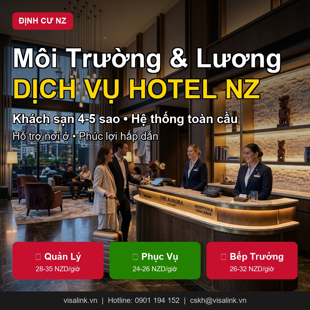 Đơn Hàng Nhà Hàng & Khách Sạn New Zealand 2026: Chef, Quản Lý Hotel Lương 24–28 NZD/Giờ 2 Quản Lý Khách Sạn & Dịch Vụ NZ 2026