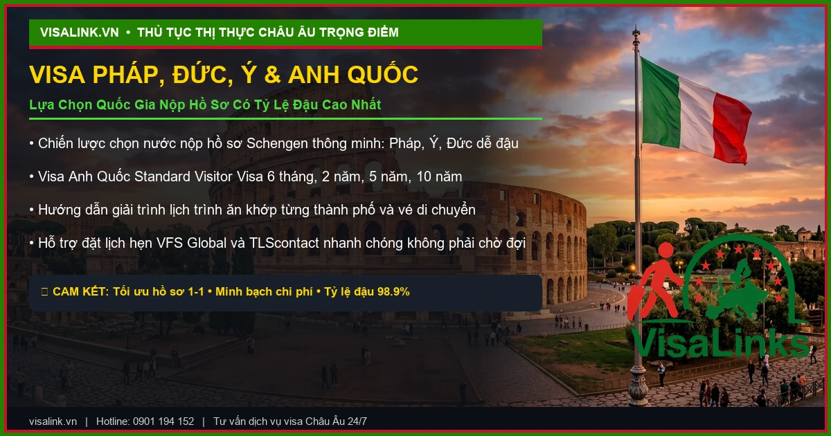 Dịch Vụ Làm Visa Châu Âu Trọn Gói 2026: Visa Schengen 29 Nước, Tỷ Lệ Đậu 98.9% | Visalink 2 Thủ tục xin visa Pháp, Đức, Ý và Anh Quốc trọn gói chuyên nghiệp - Visalink